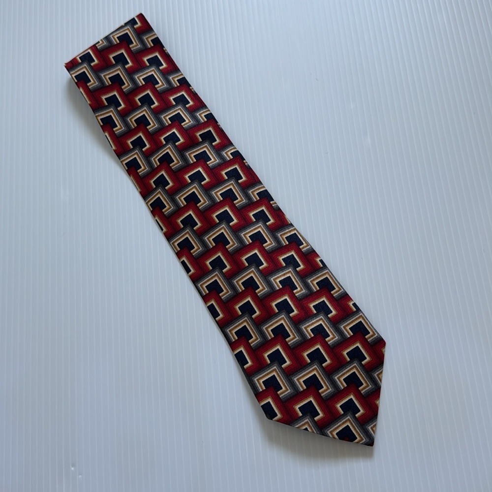 Irvine Park, Geometric Red, Navy and Gold  100% Silk Tie.